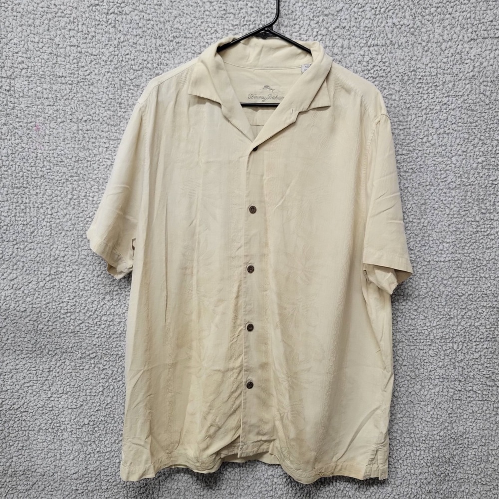 Tommy Bahama Mens XL Silk Short Sleeve Button Up Shirt Beige Tropical Jacquard